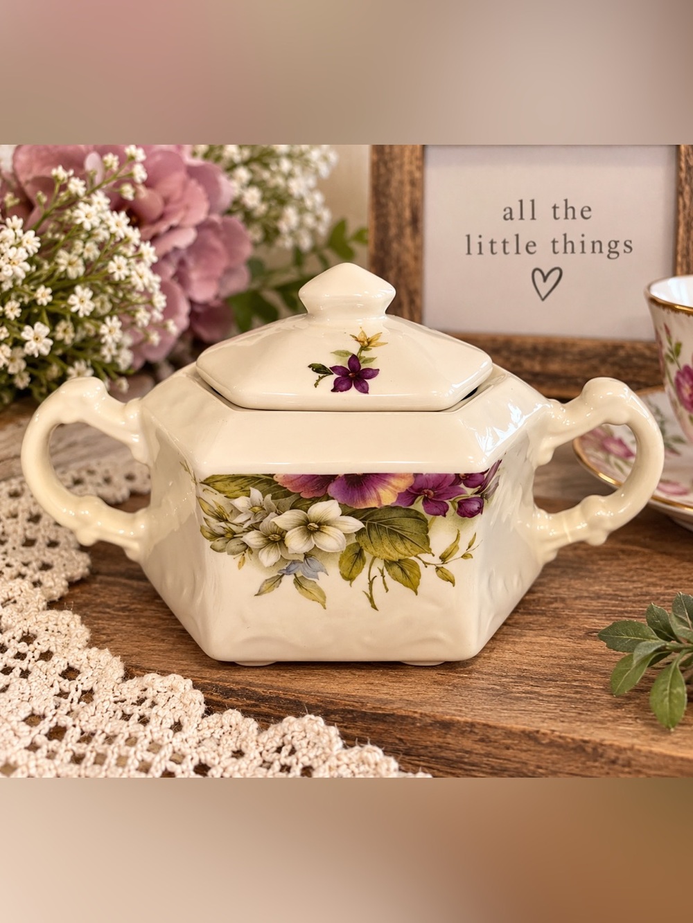 Vintage Cream Porcelain Sugar Bowl with Floral Decal and Double Handles